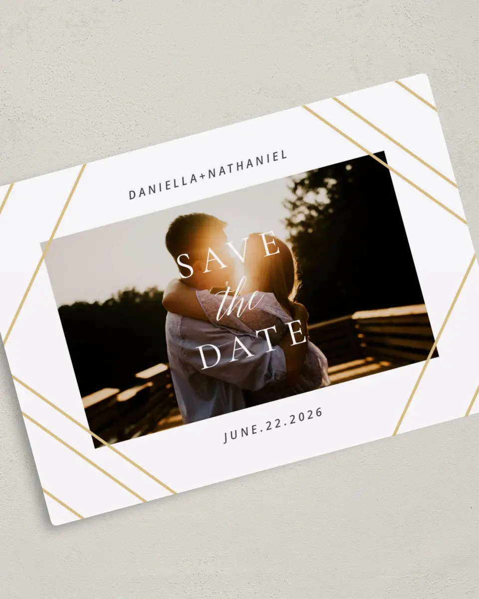 This is a 5" x 7" Save the Date Magnet called Enchanted Chapter printed in full color with Rose Gold foil and a Luxe Satin finish
