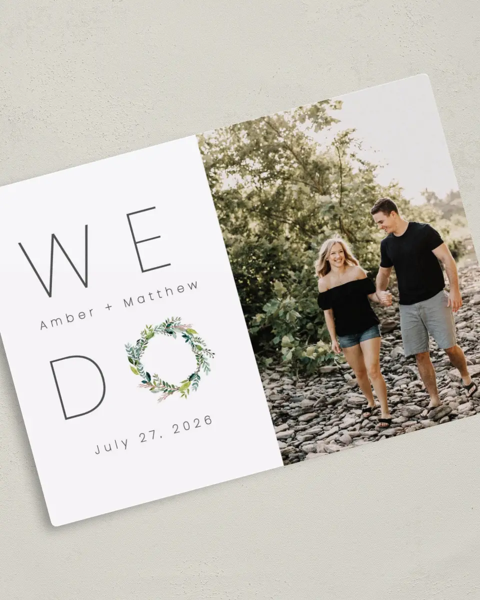 This is a 5" x 7" Save the Date Magnet called Love Encircled printed in full color with Rose Gold foil and a Luxe Satin finish