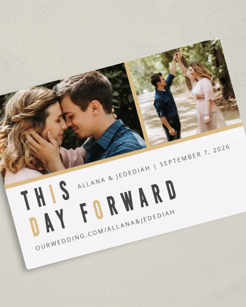 This is a 5" x 7" Save the Date Magnet called A Day of I Do's printed in full color with Rose Gold foil and a Luxe Satin finish