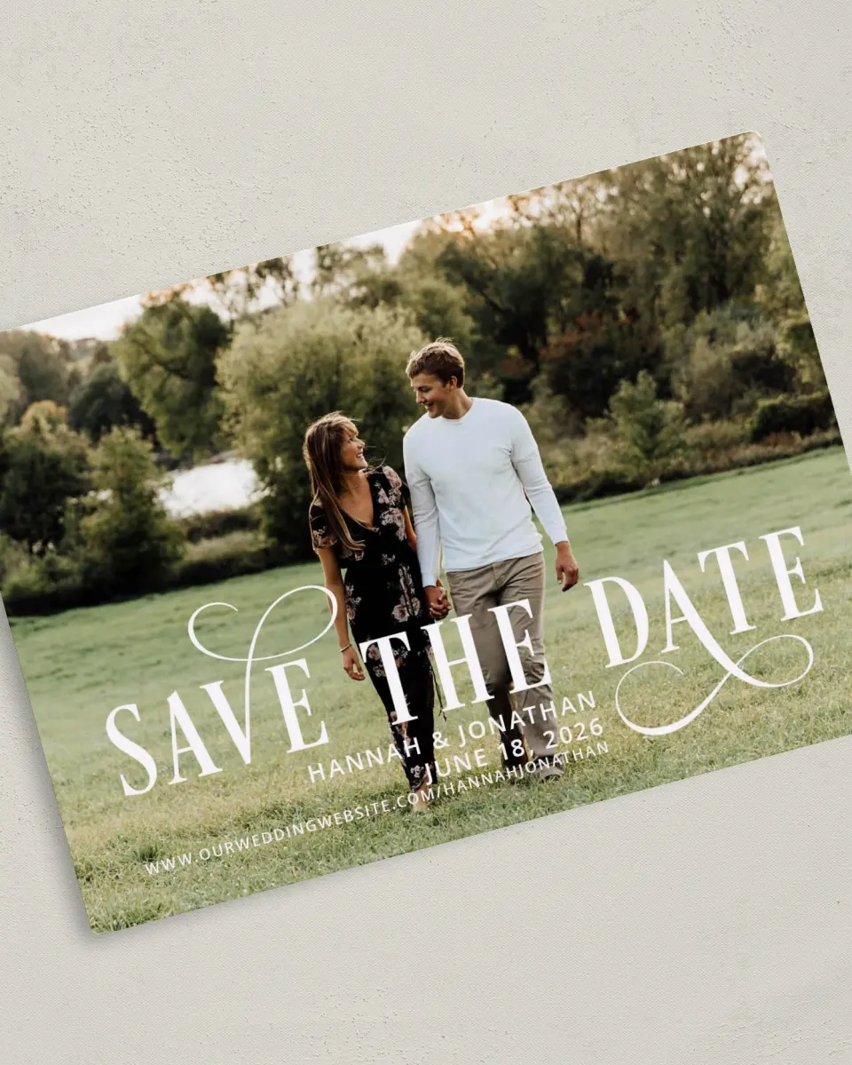 This is a 5" x 7" Save the Date Magnet called Love Infinity printed in full color with a Luxe Satin finish