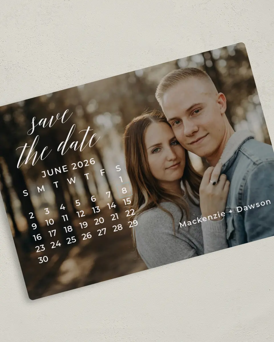 This is a 5" x 7" Save the Date Magnet called The Big Date printed in full color with a Luxe Satin finish
