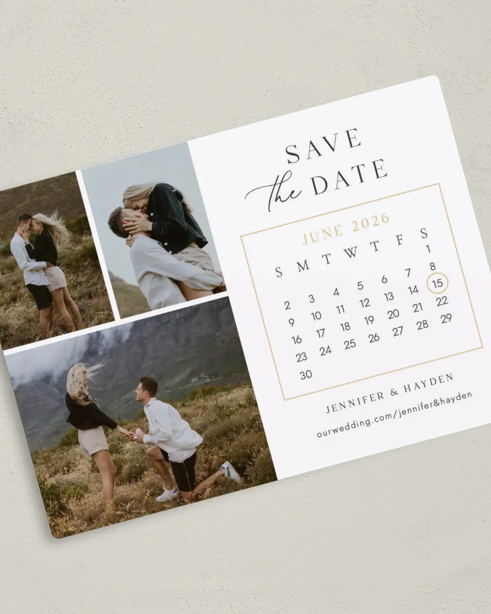 This is a 5" x 7" Save the Date Magnet called Circle Our Date printed in full color with Silver foil and a Luxe Satin finish