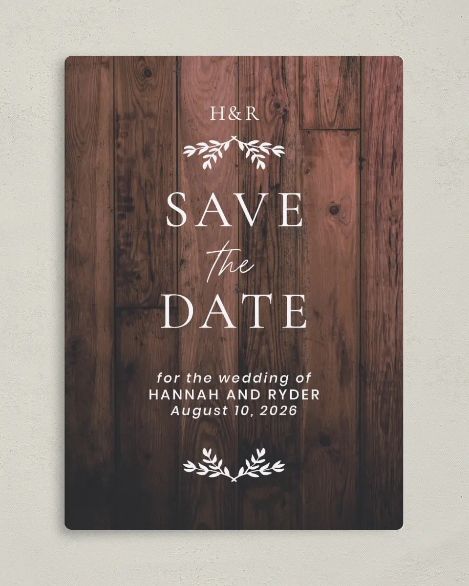 This is a 5" x 7" Save the Date Magnet called Rustic Sprigs printed in full color with Rose Gold foil and a Luxe Satin finish