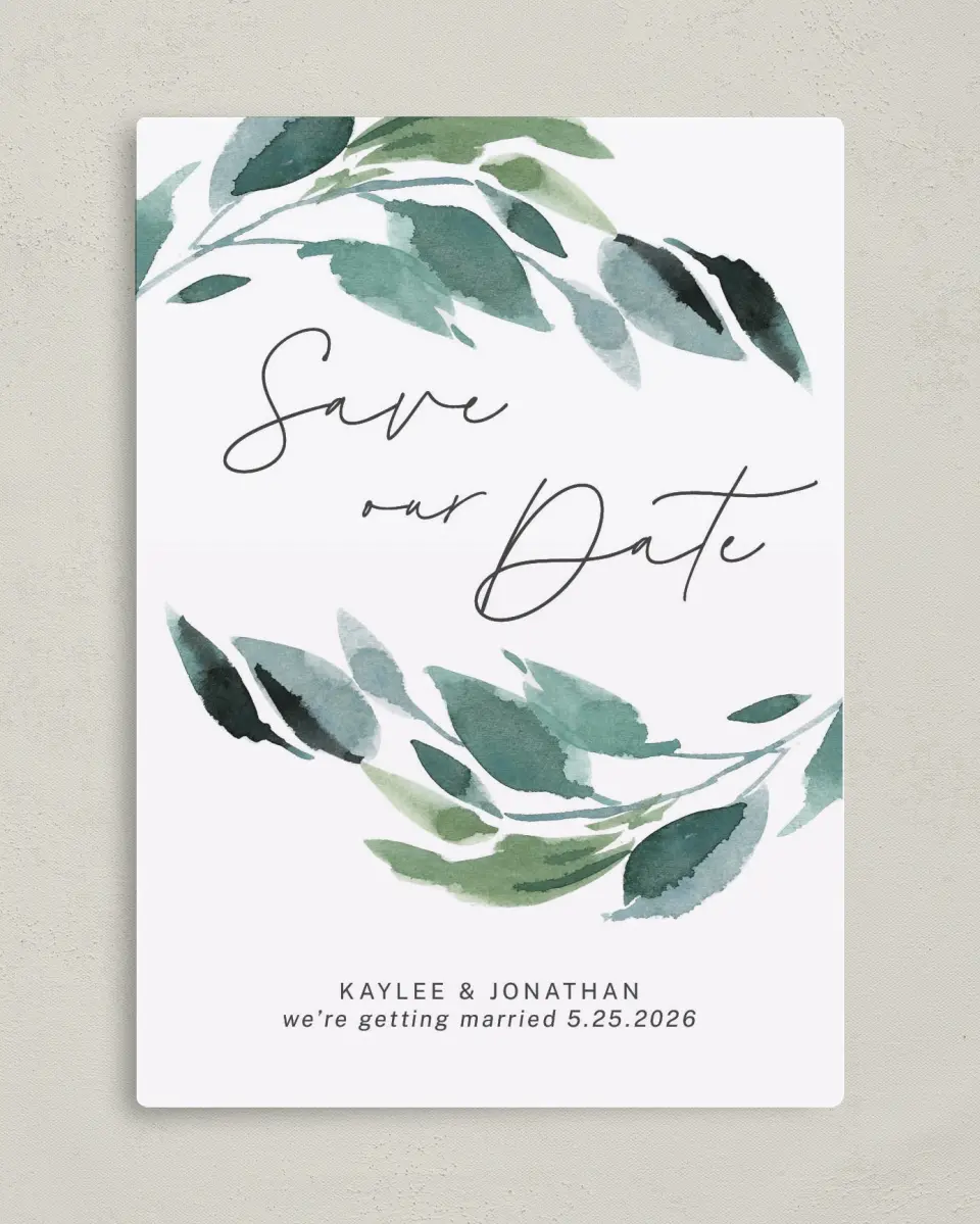 This is a 5" x 7" Save the Date Magnet called Gorgeous Greens printed in full color with a Luxe Satin finish