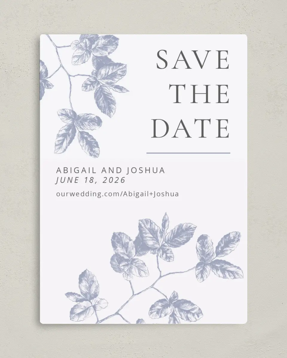 This is a 5" x 7" Save the Date Magnet called Leafy Elegance printed in full color with a Luxe Satin finish