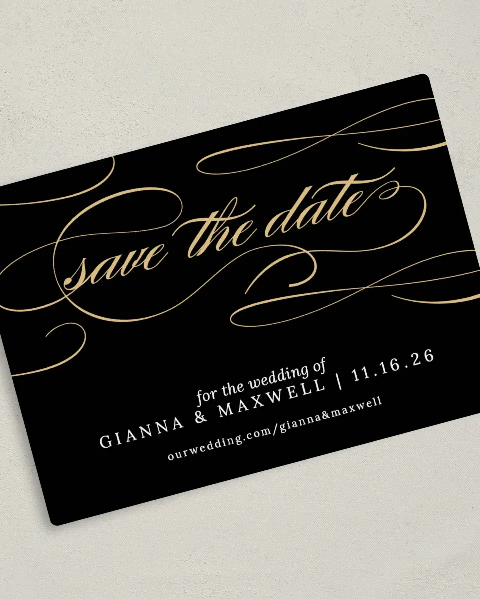 This is a 5" x 7" Save the Date Magnet called Fabulous Flourish printed in full color with a Luxe Satin finish
