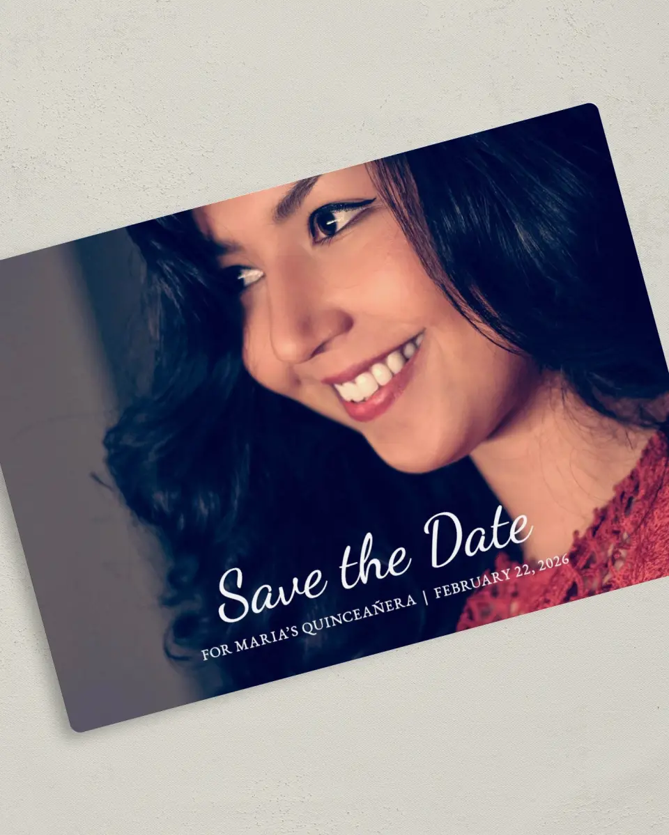 This is a 5" x 7" Quinceanera Save the Date called Milestone Moments printed in full color with Gold foil and a Luxe Satin finish