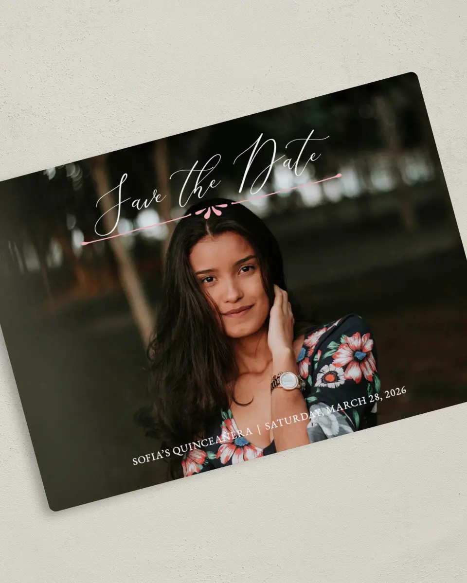 This is a 5" x 7" Quinceanera Save the Date called Quince Beauty printed in full color with Gold foil and a Luxe Satin finish