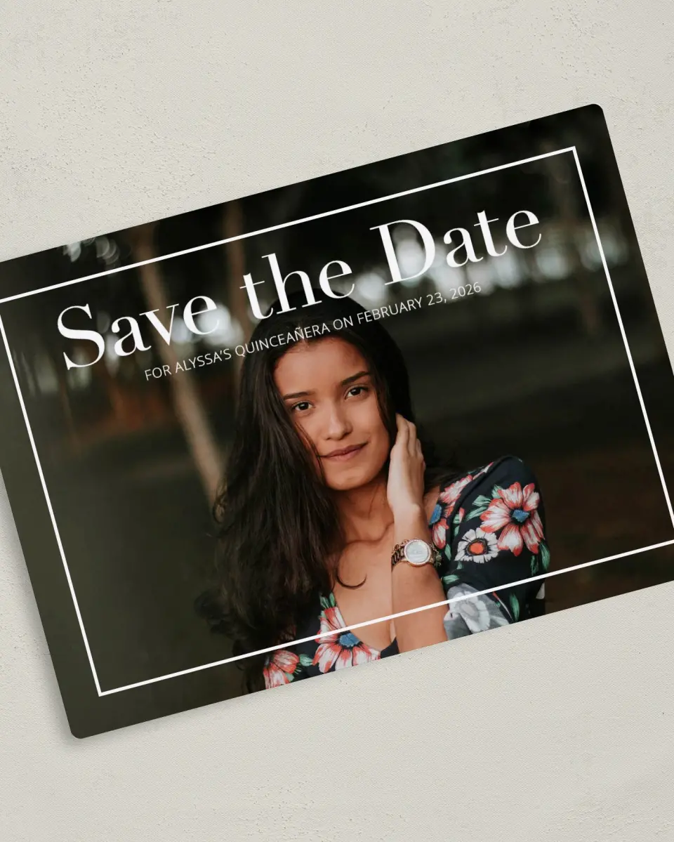 This is a 5" x 7" Quinceanera Save the Date called Classic Quinceanera printed in full color with Gold foil and a Luxe Satin finish