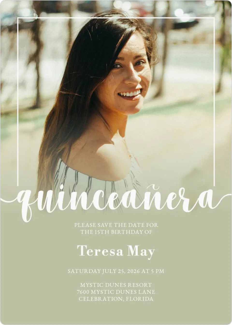 This is a 5" x 7" Quinceanera Save the Date called Sweetly Framed printed in full color with Gold foil and a Luxe Satin finish