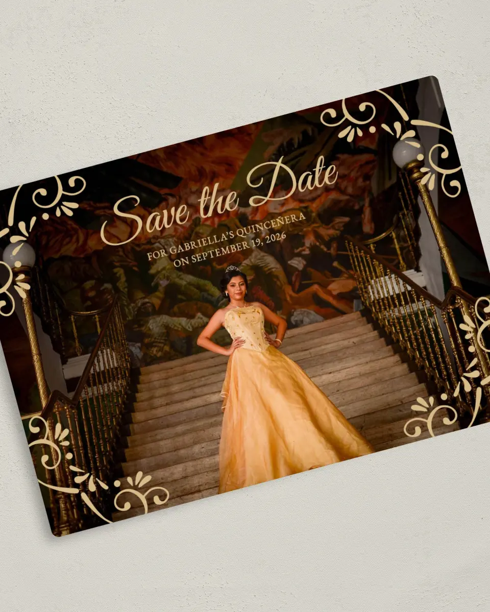 This is a 5" x 7" Quinceanera Save the Date called Sparklilng Dream printed in full color with Gold foil and a Luxe Satin finish