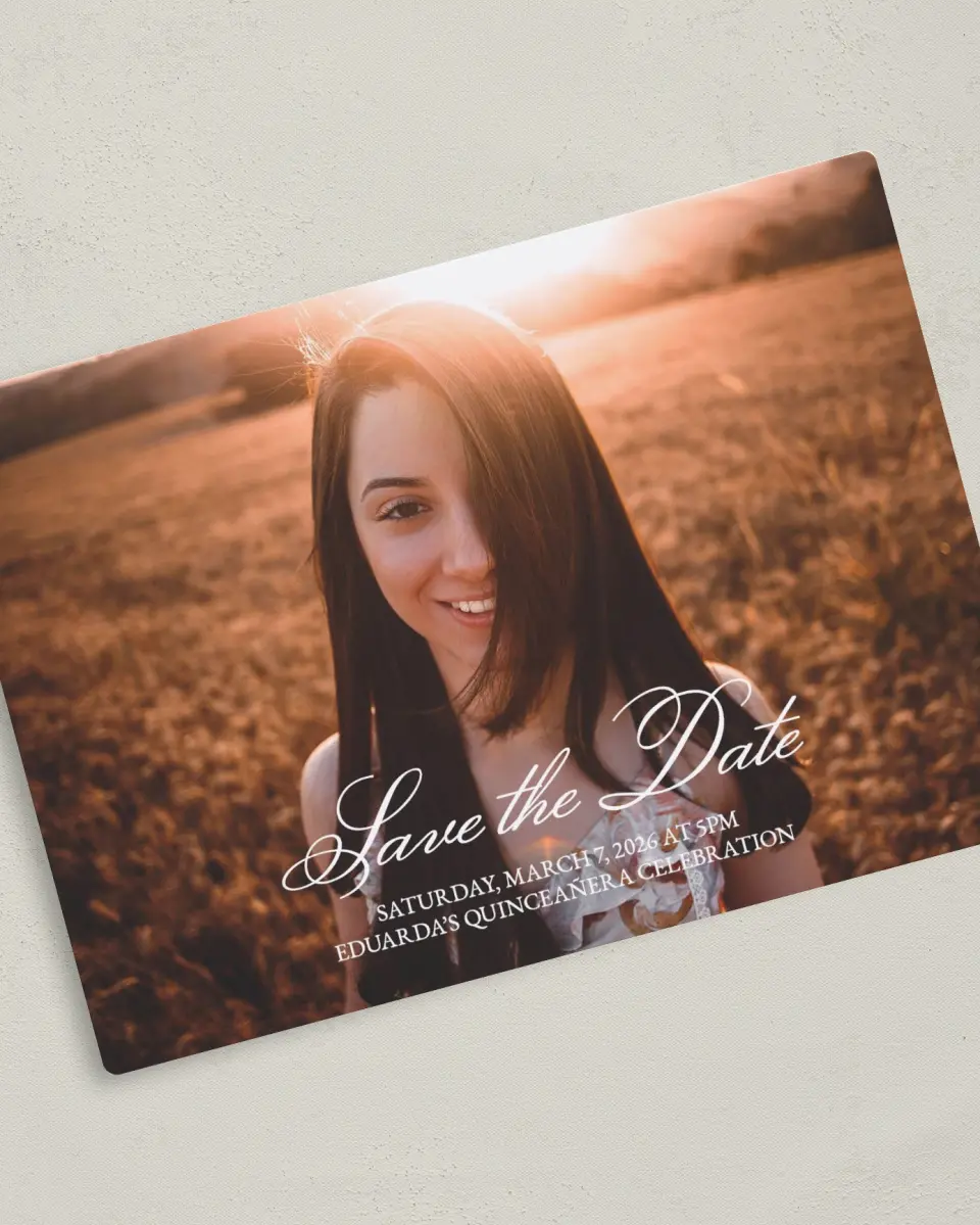 This is a 5" x 7" Quinceanera Save the Date called Blissful Bouquet printed in full color with Gold foil and a Luxe Satin finish