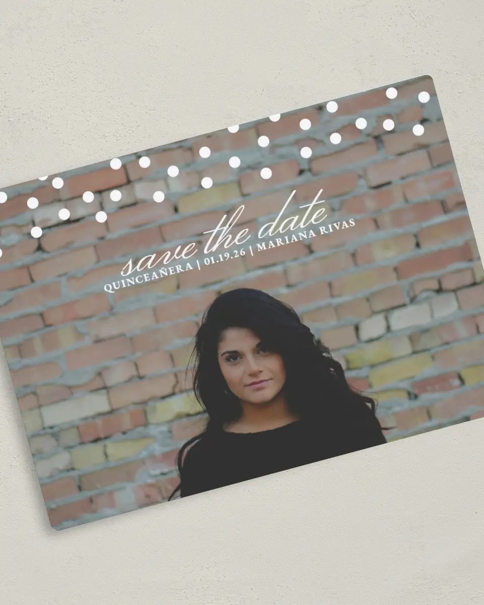 This is a 5" x 7" Quinceanera Save the Date called Dramatic Debut printed in full color with Gold foil and a Luxe Satin finish