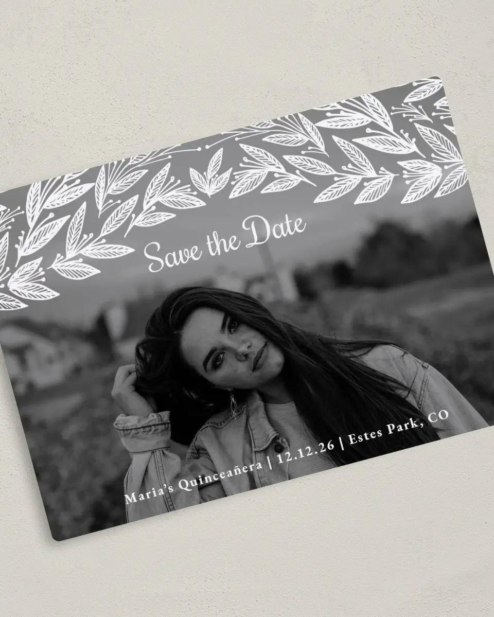 This is a 5" x 7" Quinceanera Save the Date called Splash of Sprigs printed in full color with Gold foil and a Luxe Satin finish