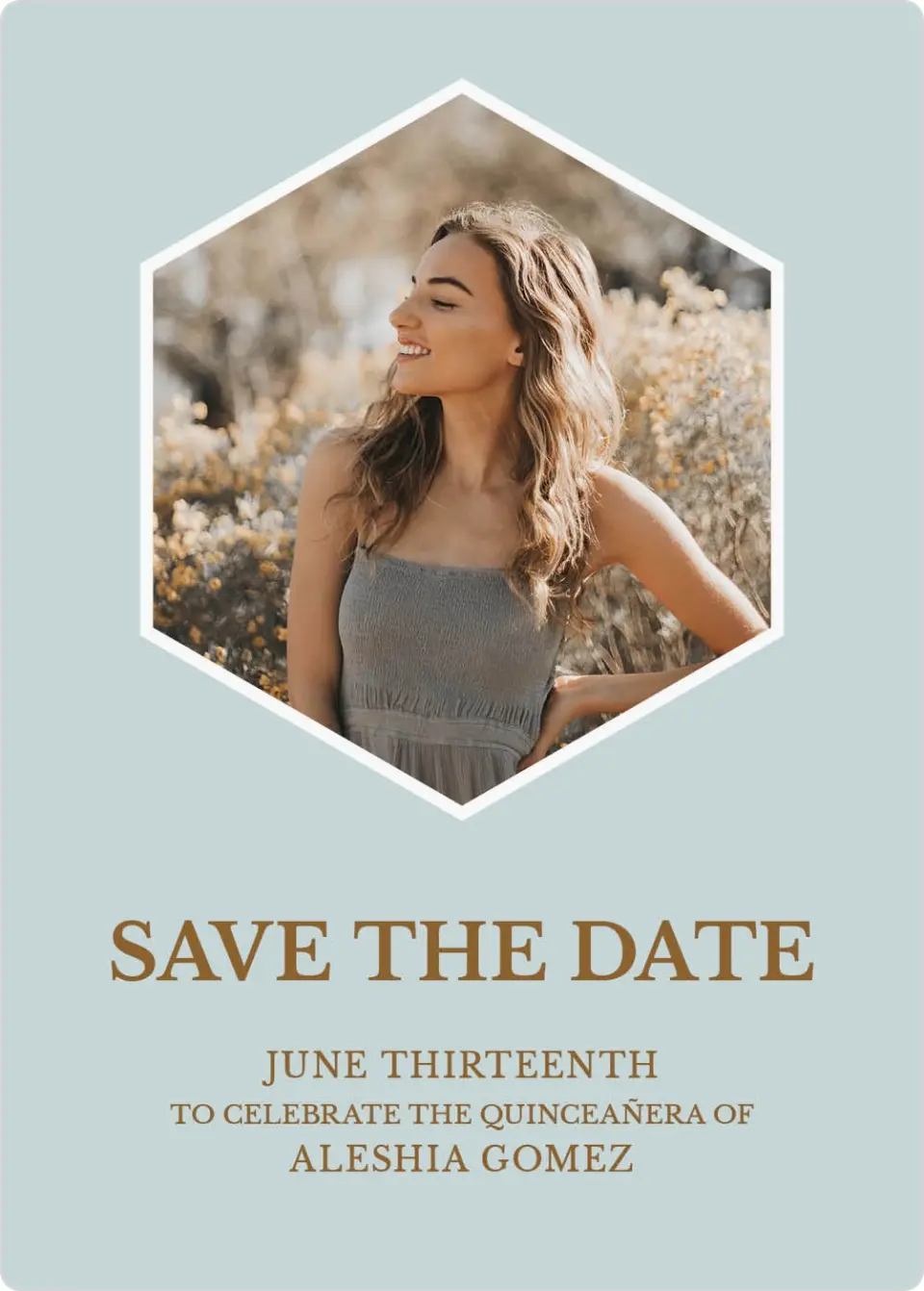 This is a 5" x 7" Quinceanera Save the Date called Swashed Sophisticate printed in full color with Gold foil and a Luxe Satin finish