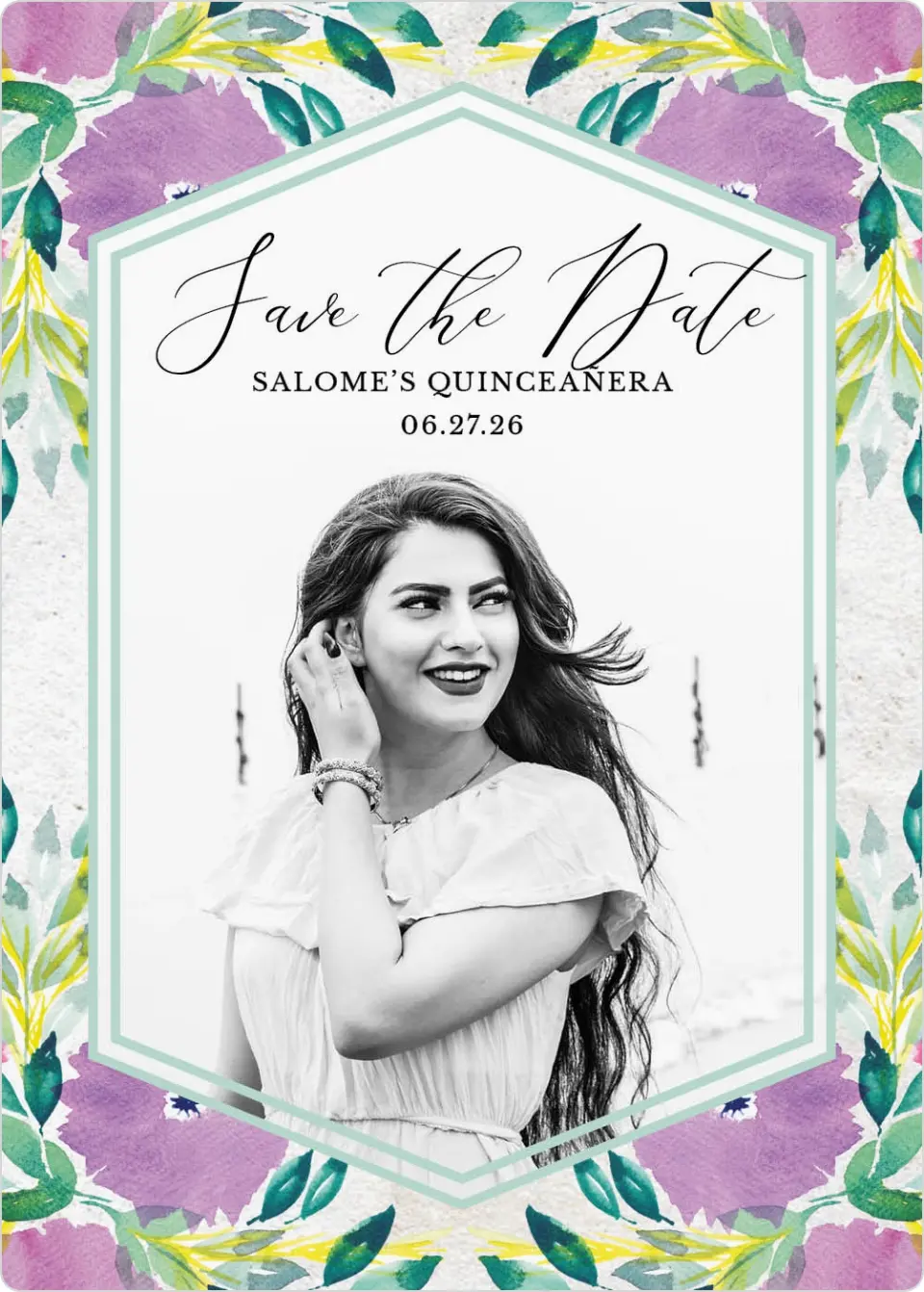 This is a 5" x 7" Quinceanera Save the Date called Watercolor Wow printed in full color with Gold foil and a Luxe Satin finish