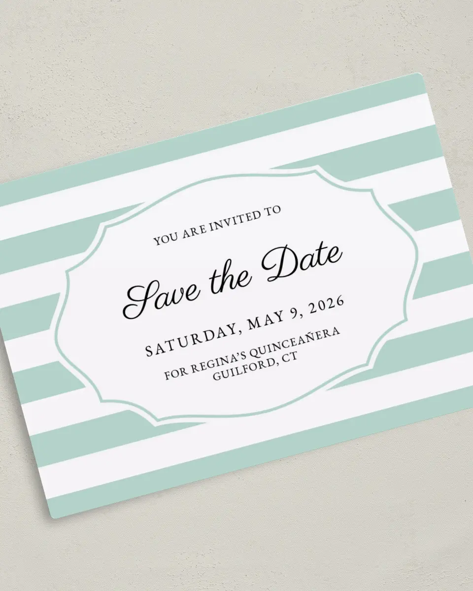 This is a 5" x 7" Quinceanera Save the Date called Stripe Devotion printed in full color with Gold foil and a Luxe Satin finish
