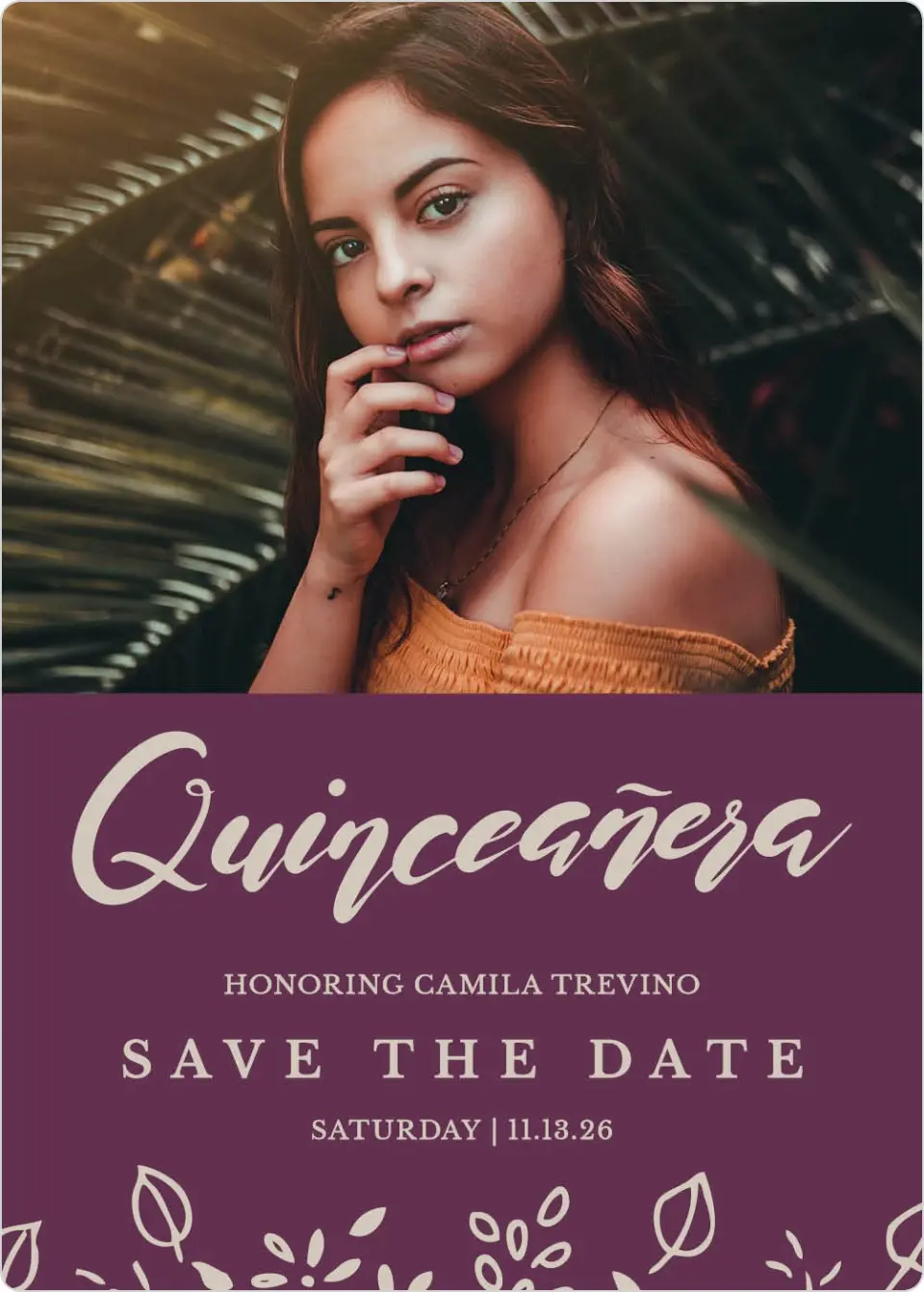 This is a 5" x 7" Quinceanera Save the Date called Flora Flourish printed in full color with Gold foil and a Luxe Satin finish