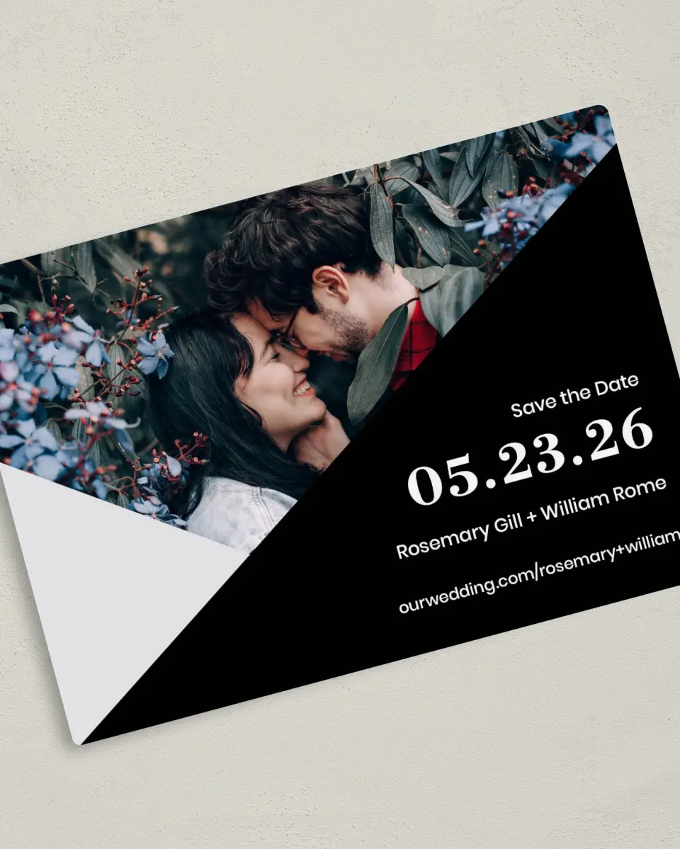 This is a 5" x 7" Save the Date Magnet called Luster Opulence printed in full color with a Luxe Satin finish