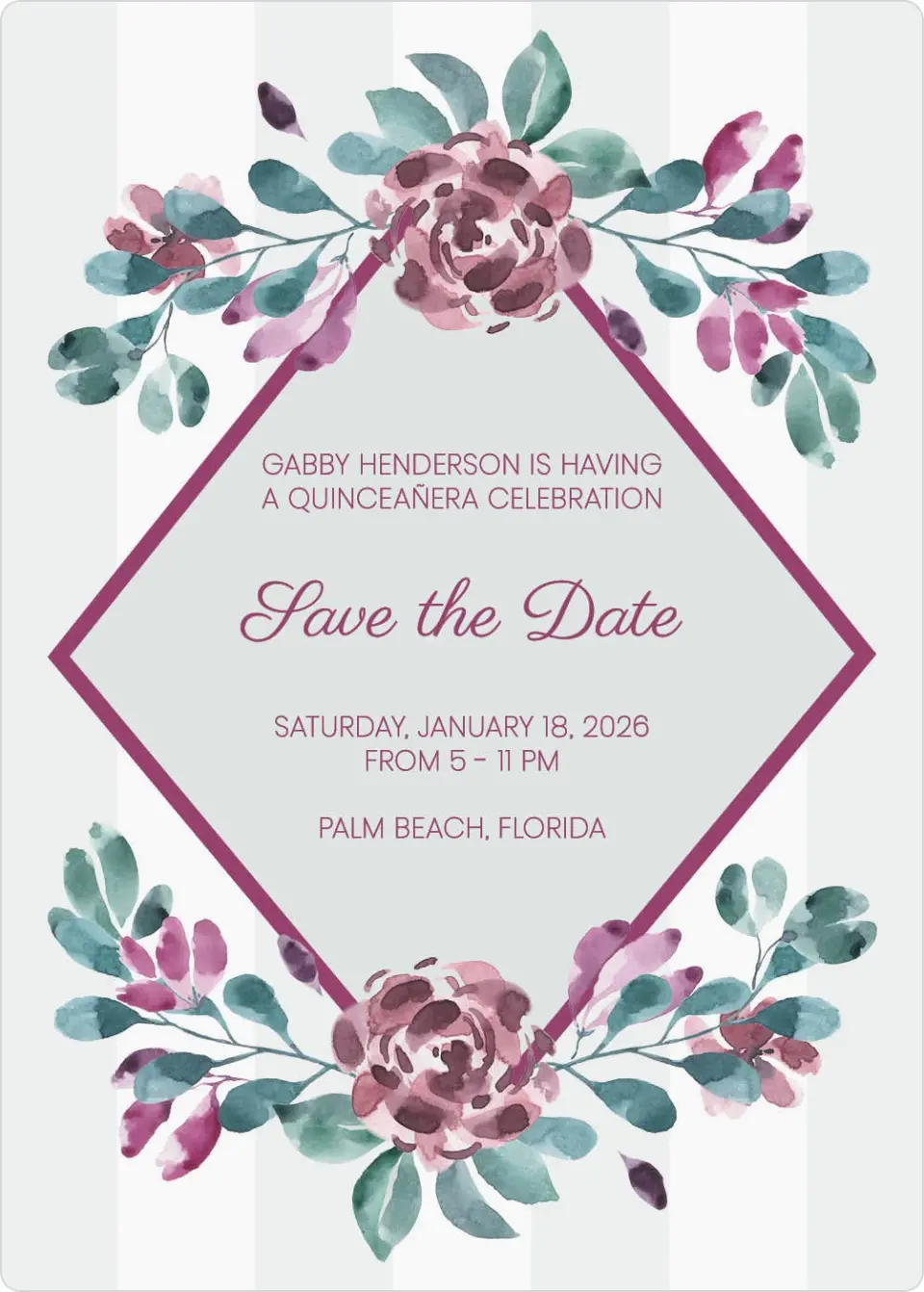 This is a 5" x 7" Quinceanera Save the Date called Ethereal Floret printed in full color with Gold foil and a Luxe Satin finish