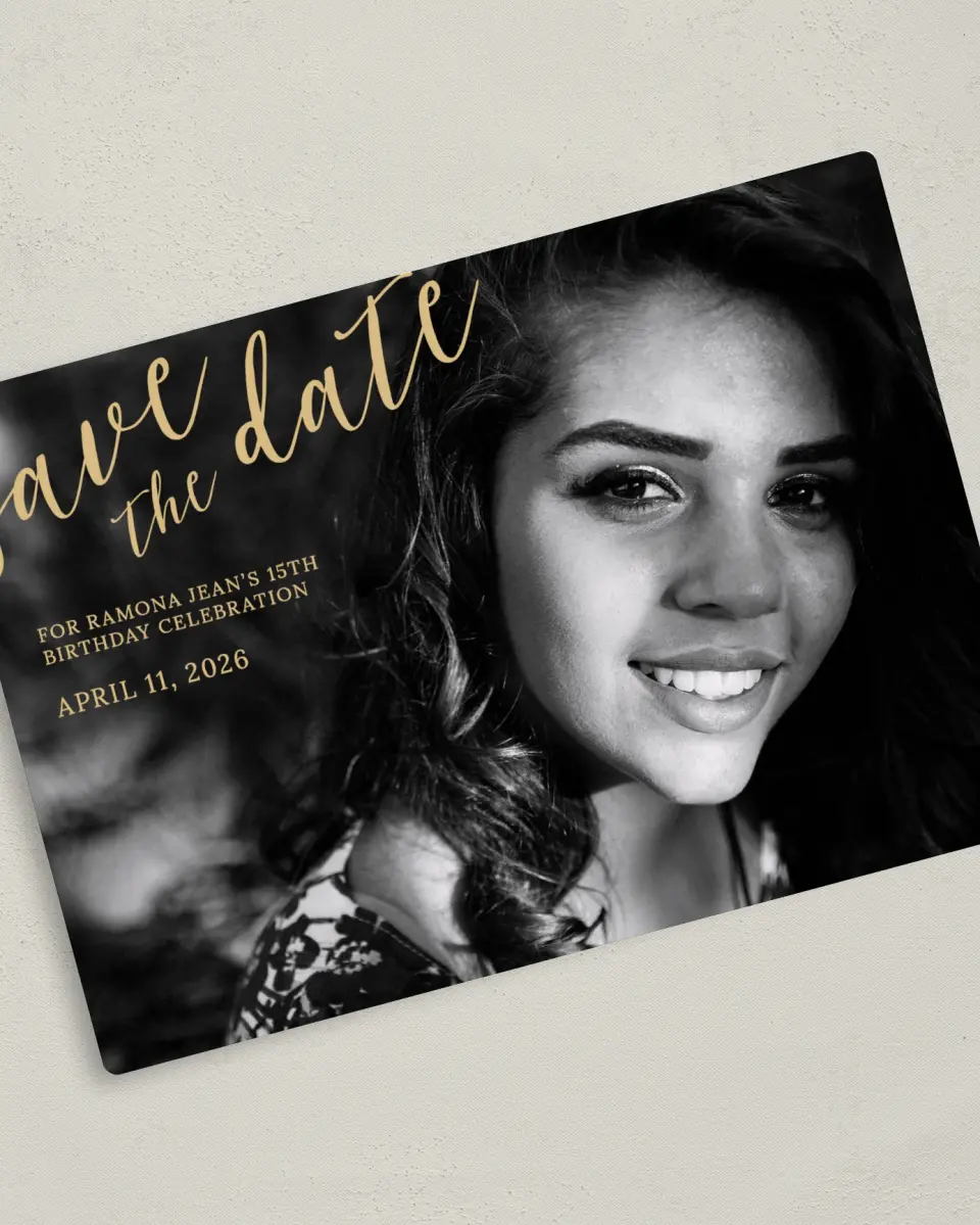 This is a 5" x 7" Quinceanera Save the Date called Then & Now printed in full color with Gold foil and a Luxe Satin finish