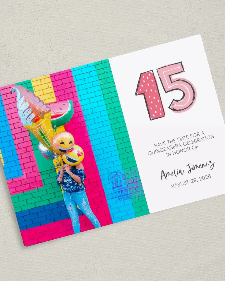 This is a 5" x 7" Quinceanera Save the Date called Fun Fifteen printed in full color with Gold foil and a Luxe Satin finish