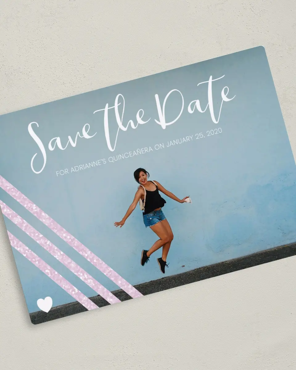 This is a 5" x 7" Quinceanera Save the Date called Glitzy Gala printed in full color with Gold foil and a Luxe Satin finish