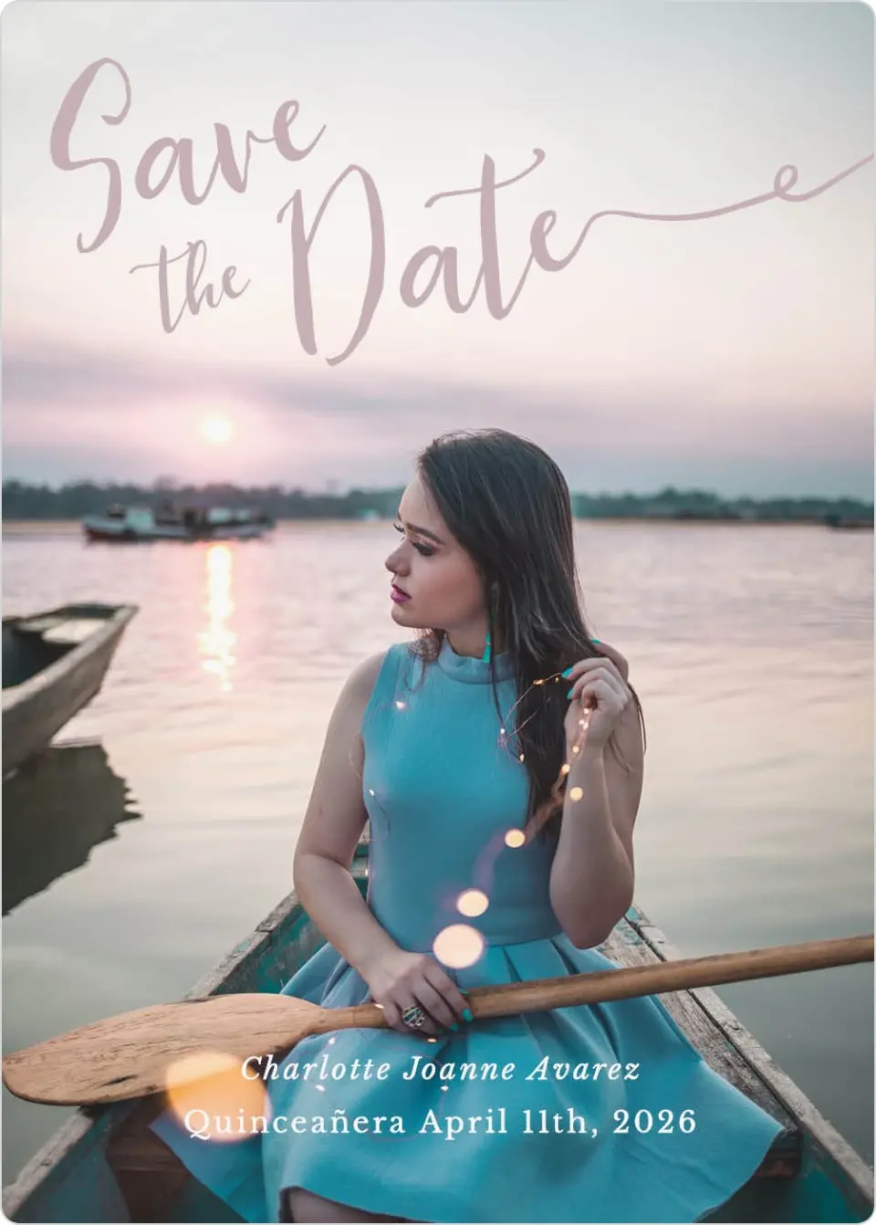 This is a 5" x 7" Quinceanera Save the Date called Elegant Bokeh printed in full color with Gold foil and a Luxe Satin finish