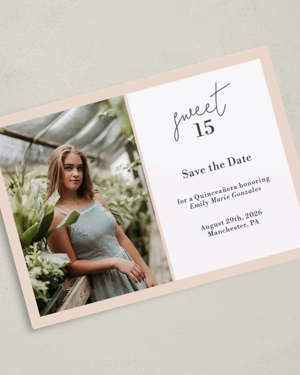 This is a 5" x 7" Quinceanera Save the Date called Super Sweet 15 printed in full color with Gold foil and a Luxe Satin finish