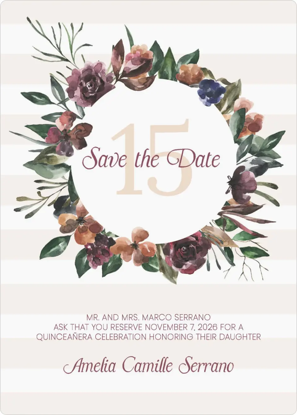 This is a 5" x 7" Quinceanera Save the Date called Gracefully Fifteen printed in full color with Gold foil and a Luxe Satin finish