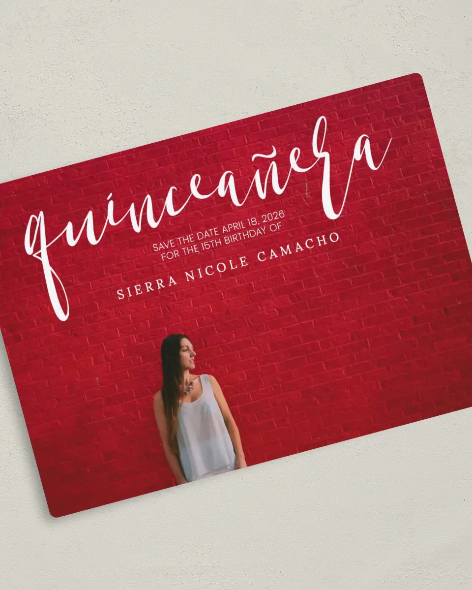 This is a 5" x 7" Quinceanera Save the Date called Quince Glam printed in full color with Gold foil and a Luxe Satin finish