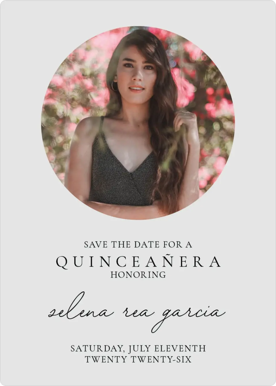 This is a 5" x 7" Quinceanera Save the Date called Lovely Blooms printed in full color with Gold foil and a Luxe Satin finish