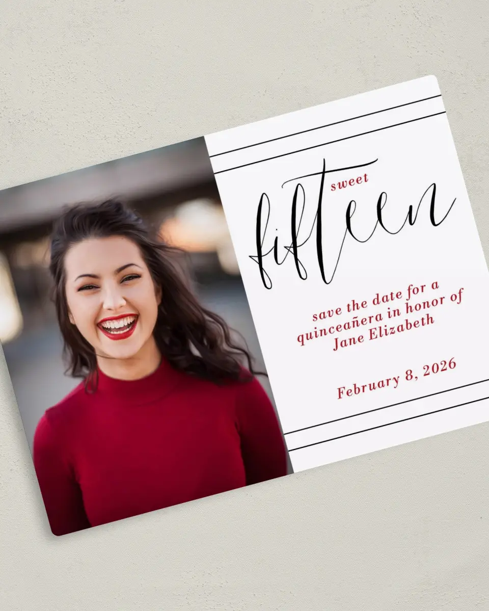 This is a 5" x 7" Quinceanera Save the Date called Showy Sweet Fifteen printed in full color with Gold foil and a Luxe Satin finish