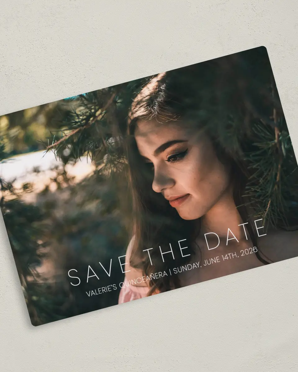 This is a 5" x 7" Quinceanera Save the Date called Delicate Watercolor printed in full color with Gold foil and a Luxe Satin finish
