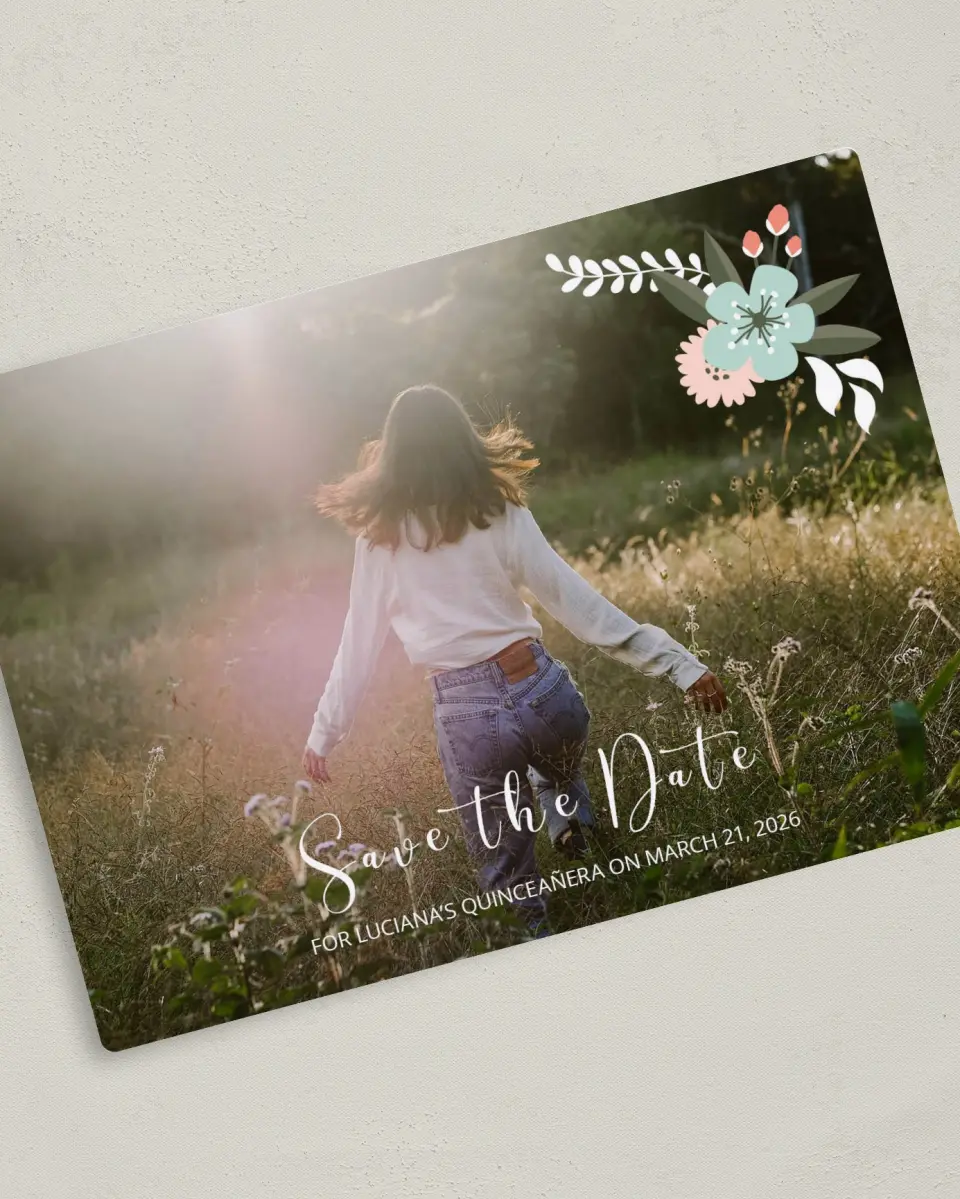 This is a 5" x 7" Quinceanera Save the Date called Framed Florets printed in full color with Gold foil and a Luxe Satin finish