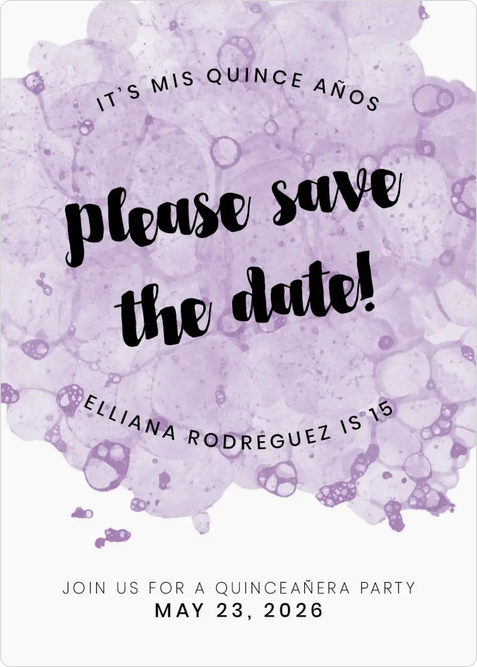 This is a 5" x 7" Quinceanera Save the Date called Inky Delight printed in full color with Gold foil and a Luxe Satin finish