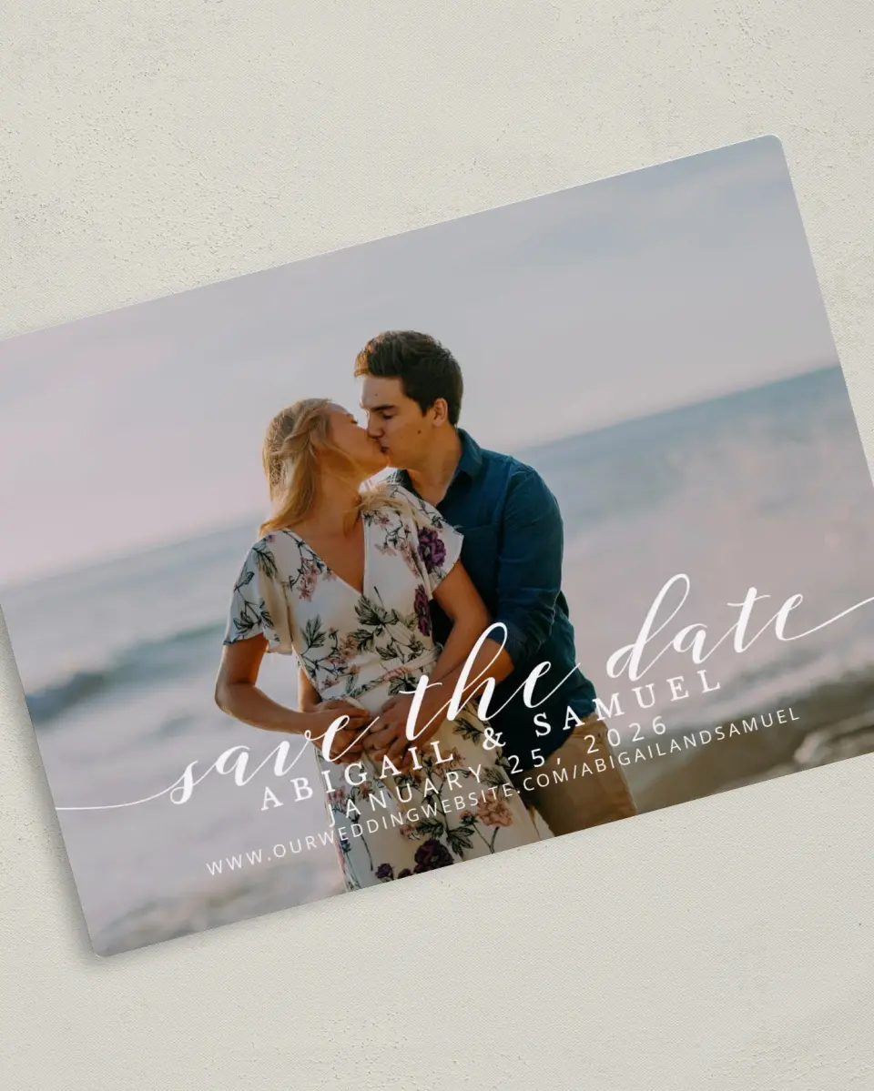 This is a 5" x 7" Save the Date Magnet called Timeless Eloquence printed in full color with a Luxe Satin finish