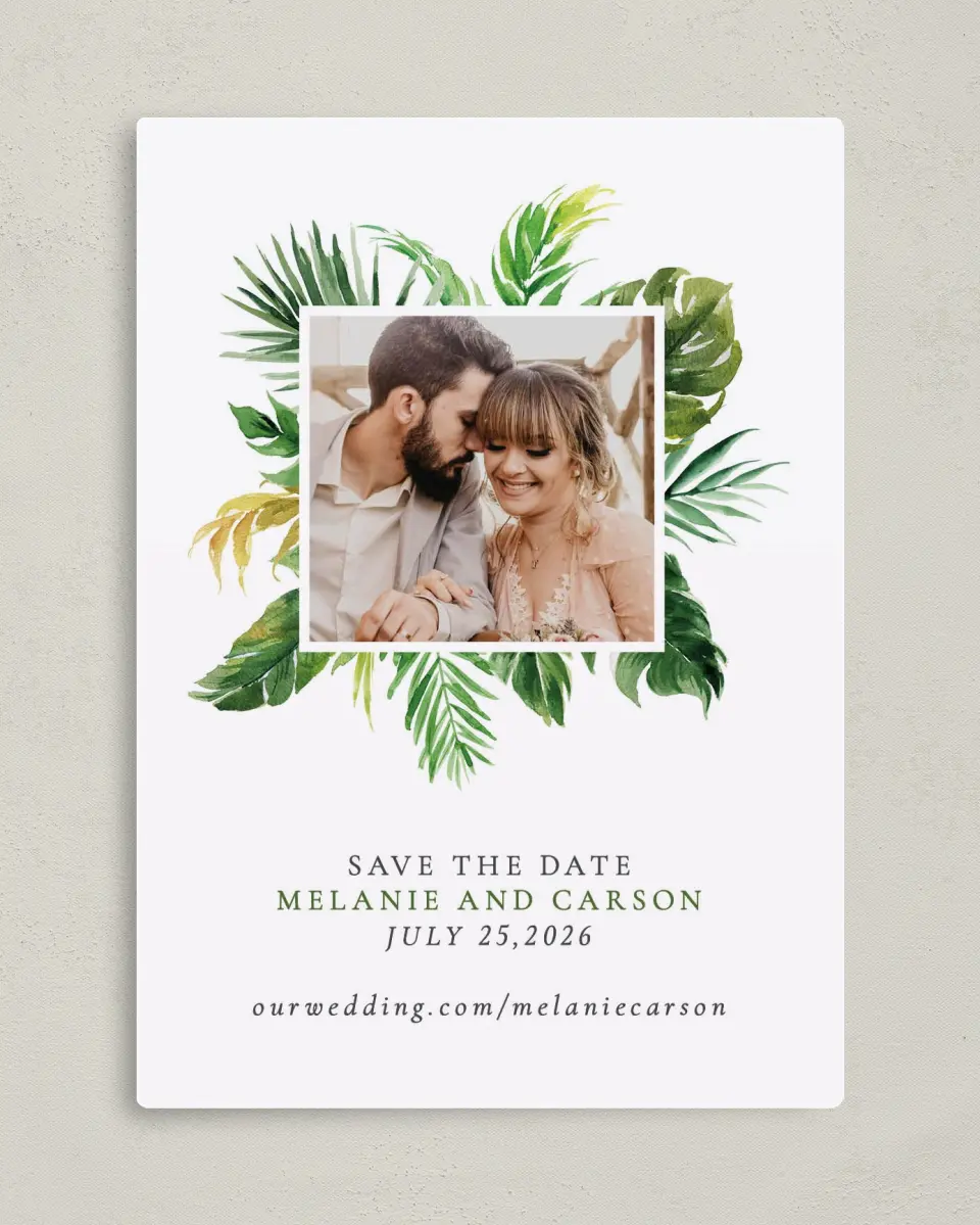 This is a 5" x 7" Save the Date Magnet called Beach Palms printed in full color with Silver foil and a Luxe Satin finish
