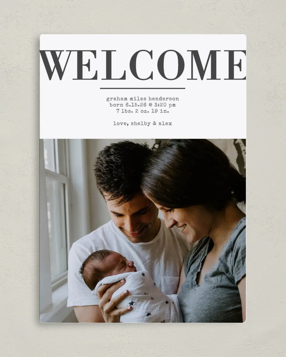 This is a 5" x 7" Birth Announcement Magnet called Welcome Wishes printed in full color with Gold foil and a Luxe Satin finish
