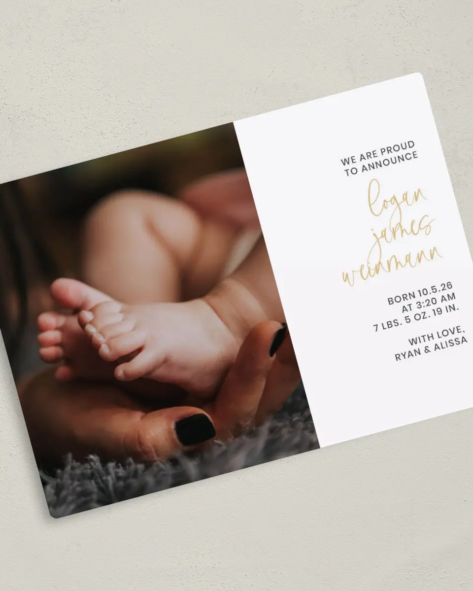 This is a 5" x 7" Birth Announcement Magnet called New Cuddles printed in full color with Gold foil and a Luxe Satin finish