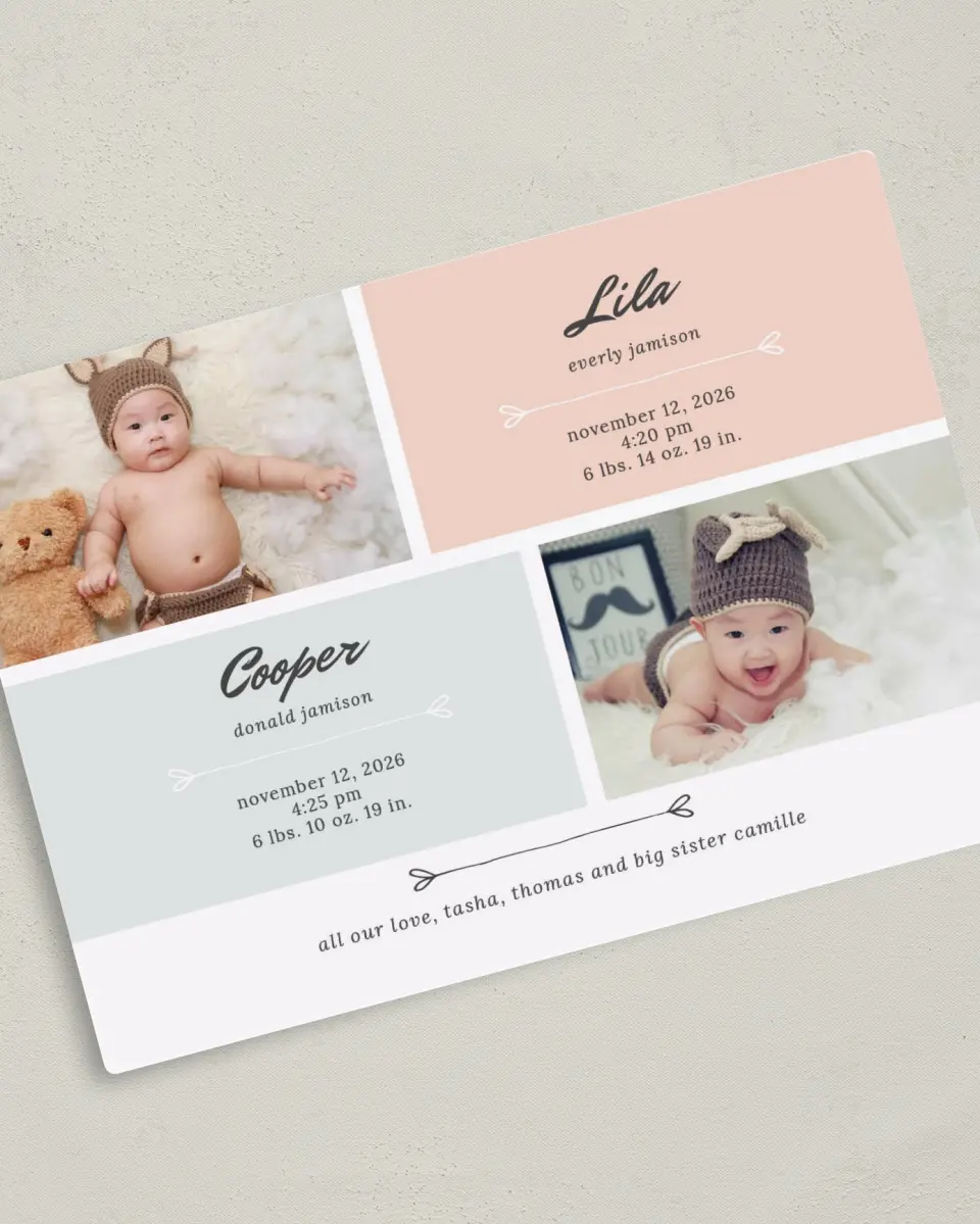 This is a 5" x 7" Birth Announcement Magnet called Twinning Hearts printed in full color with Gold foil and a Luxe Satin finish