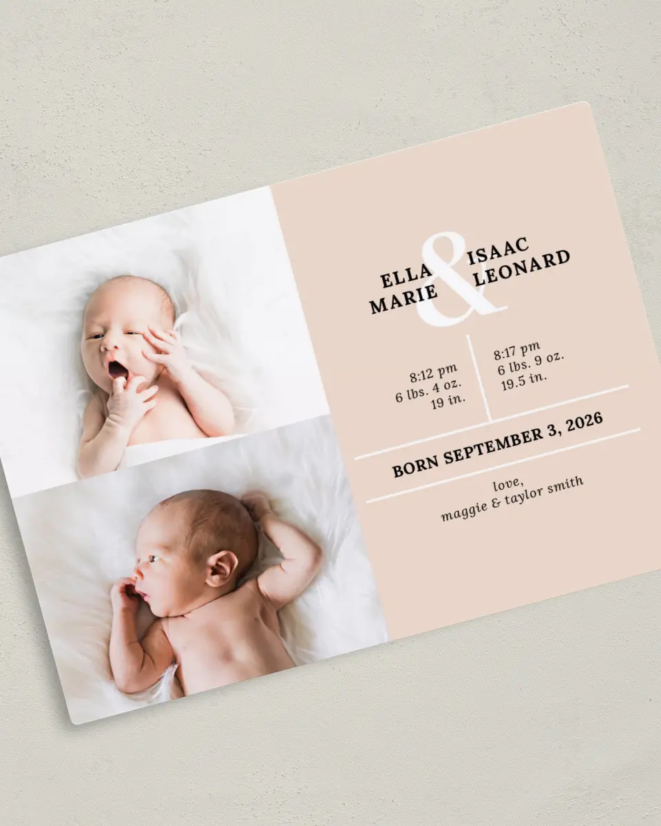 This is a 5" x 7" Birth Announcement Magnet called Double Love printed in full color with Gold foil and a Luxe Satin finish