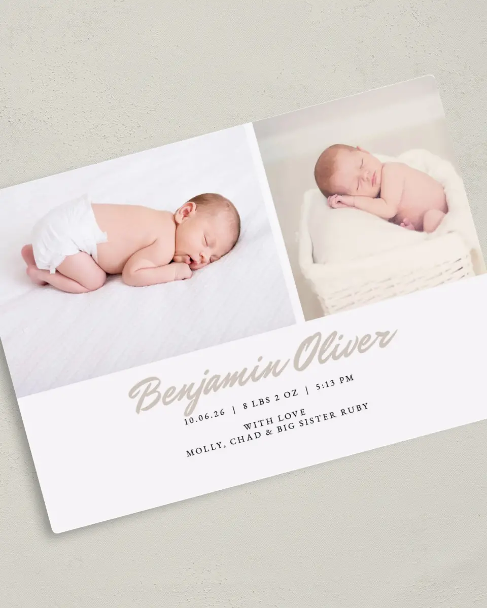 This is a 5" x 7" Birth Announcement Magnet called Tiny Toes printed in full color with Gold foil and a Luxe Satin finish