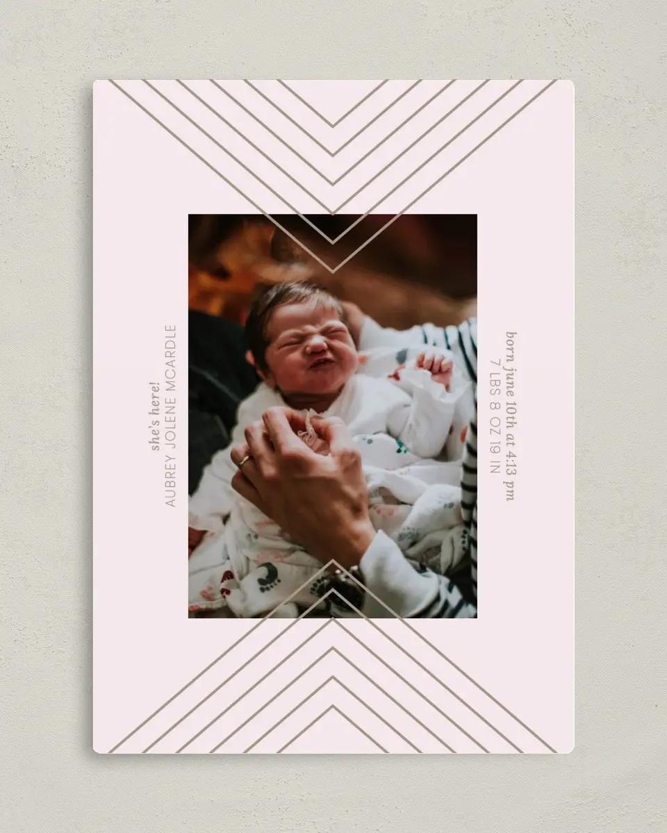 This is a 5" x 7" Birth Announcement Magnet called Growing Love printed in full color with Rose Gold foil and a Luxe Satin finish