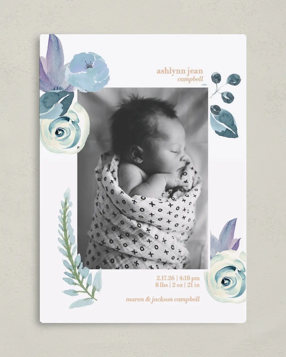This is a 5" x 7" Birth Announcement Magnet called Baby Bliss printed in full color with a Luxe Satin finish