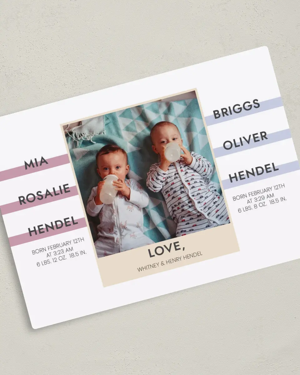 This is a 5" x 7" Birth Announcement Magnet called Two News printed in full color with Gold foil and a Luxe Satin finish