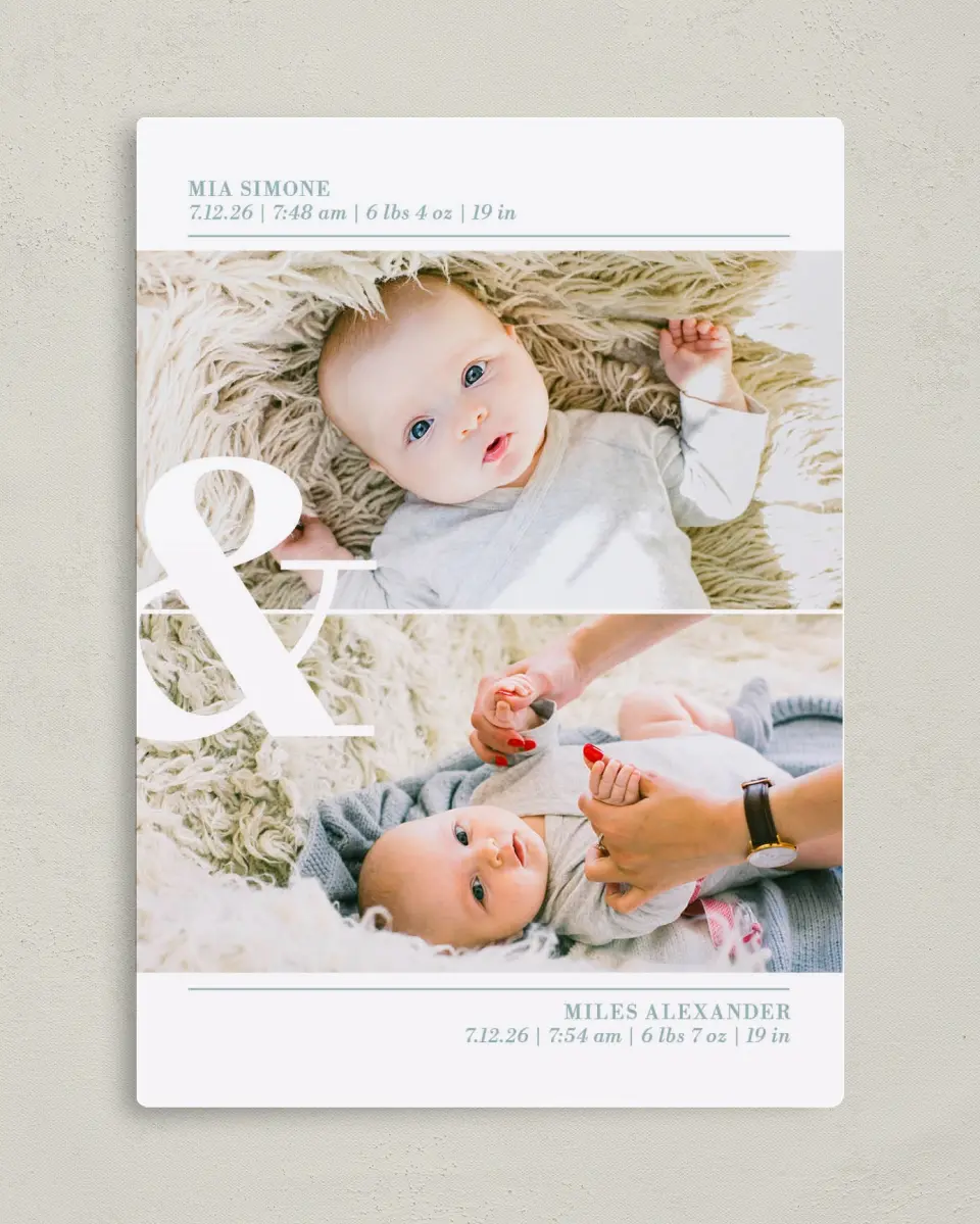 This is a 5" x 7" Birth Announcement Magnet called Two Lil Miracles printed in full color with Gold foil and a Luxe Satin finish