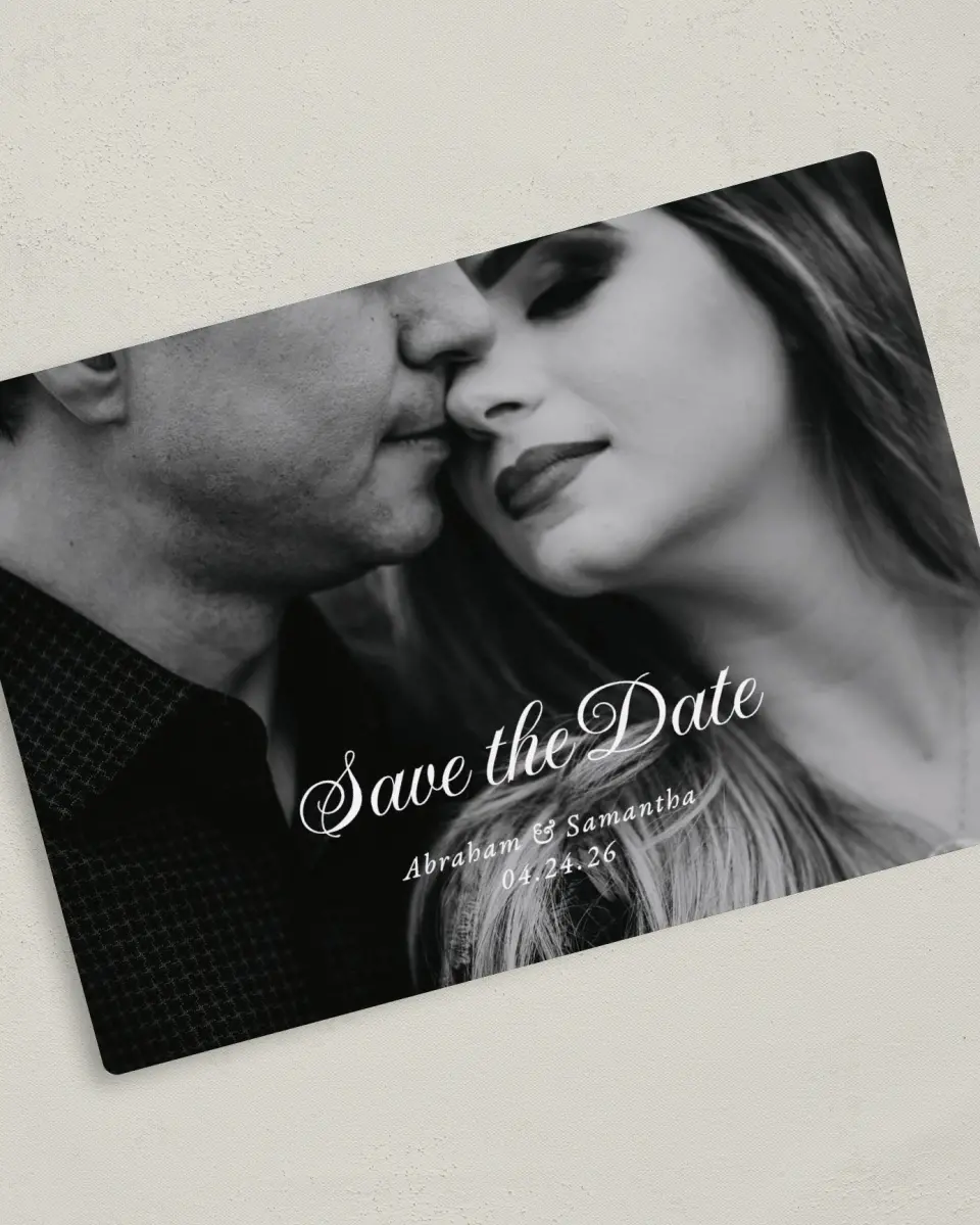 This is a 5" x 7" Save the Date Magnet called Dark Blooms printed in full color with a Luxe Satin finish