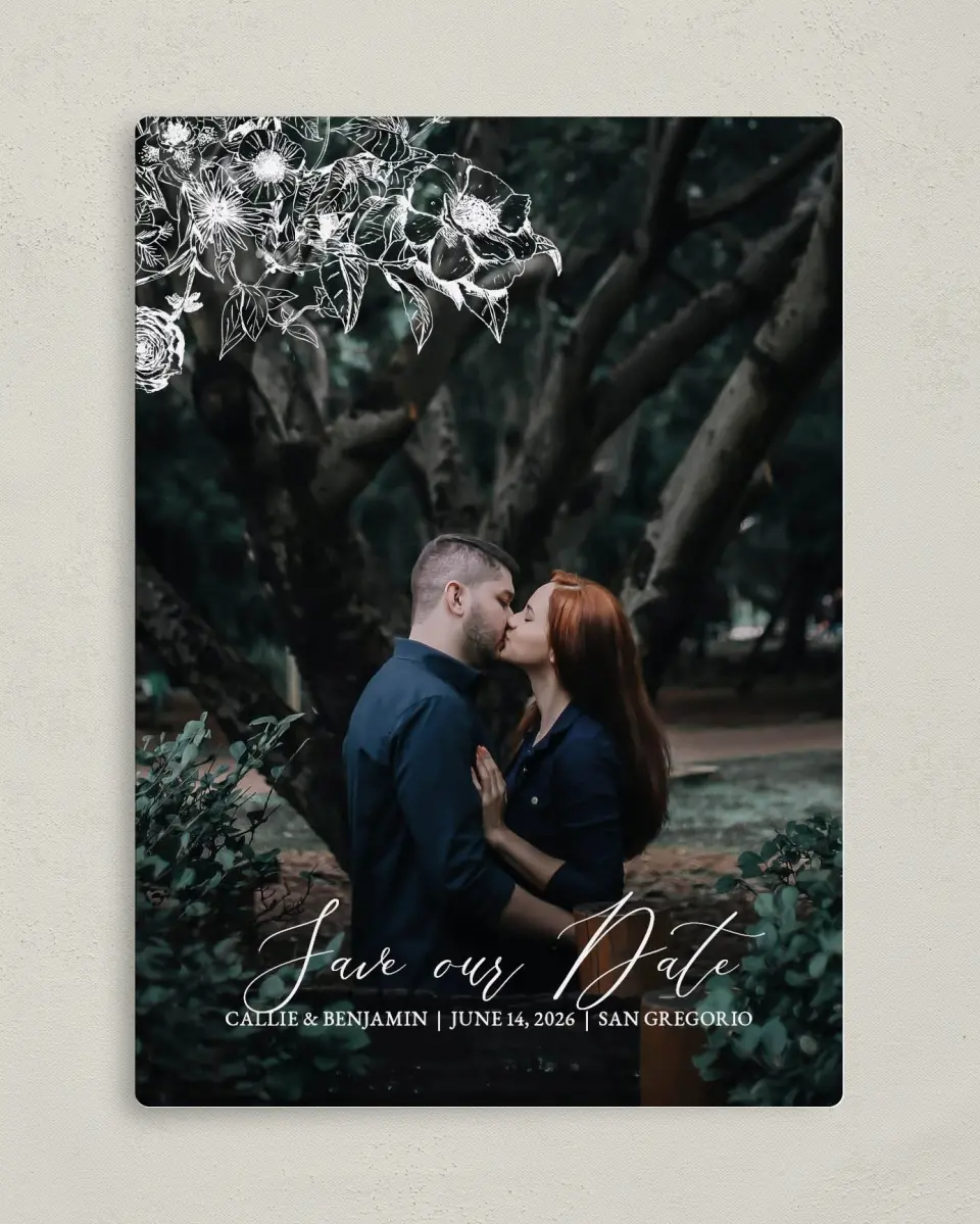 This is a 5" x 7" Save the Date Magnet called Gentle Bouquet printed in full color with a Luxe Satin finish