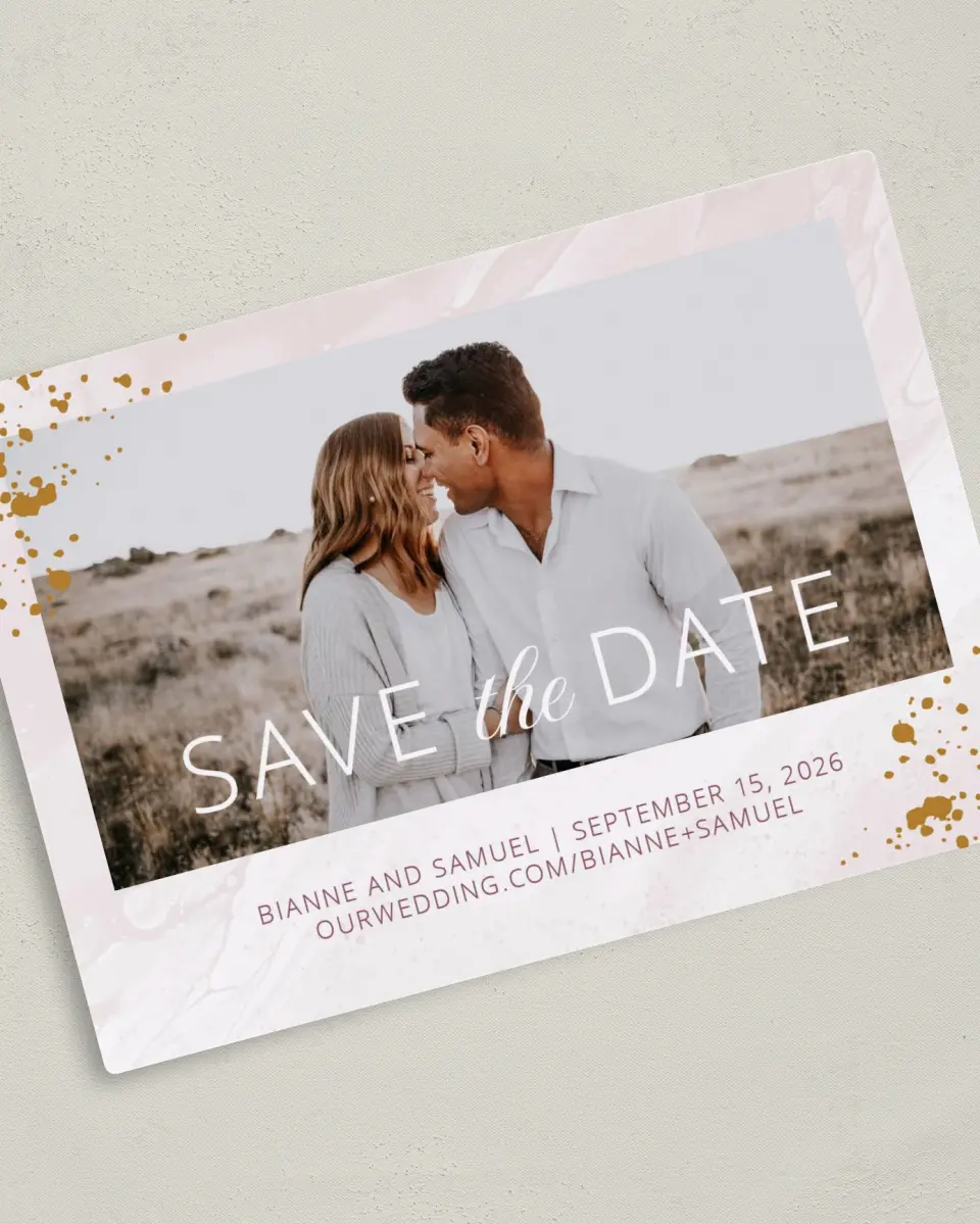 This is a 5" x 7" Save the Date Magnet called Tender Mist printed in full color with a Luxe Satin finish